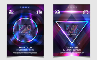 Night dance party music layout cover design template background with colorful dark blue glitters style. Light electro vector for music event concert disco, club invitation, festival poster, flyer - obrazy, fototapety, plakaty