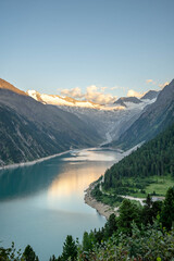 Schlegeisspeicher reservoir glacier view at sunset hour form mountain © davidzzzfr