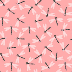 Seamless pattern with dragonfly on color background. Romantic vector illustration. Adorable cartoon character. Template design for invitation, cards, textile, fabric. Doodle style.