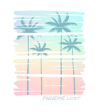 T-shirt design with silhouette of palm trees.Typography graphics for apparel.Vector illustration.