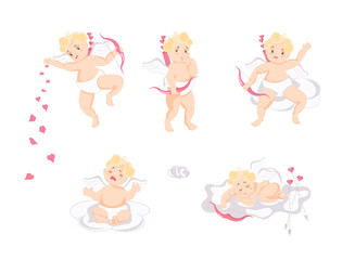 Cute cupid baby collection. Set of Characters hold a bow with arrows, sleep, crying or waving greet by his hand isolated on white background. Flat Art Vector illustration