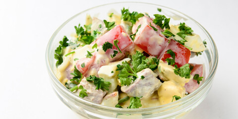 Bowl of vegetable salad with grilled meta, tomatoes, mushrooms. Mayonnaise salad in a bowl.