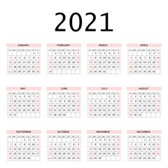 2021 calendar planner. Corporate week. Template layout, 12 months yearly, white background. Simple design for business brochure, flyer, print media, advertisement. Week starts from Sunday.