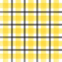 Watercolor yellow and black plaid pattern. Yellow and black watercolor checkered pattern. 