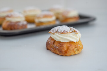 traditional home made swedish semlor pastry on a table