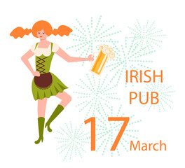 Saint Patricks Day invitation card. Joyful leprechaun with mug of beer dancing. Flat Art Vector illustration