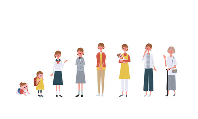 年齢別の女性　大人数の人々　イラスト　
