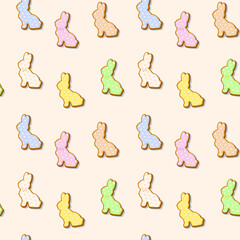 Easter Seamless Pattern with cookies in the form of rabbits. Cute background. Gingerbread cookies with colored pastel glaze. A holiday of religion. Vector illustration