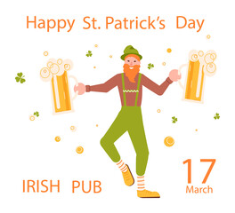 Saint Patricks Day greeting card. Joyful leprechaun with mug of beer dancing. Flat Art Vector illustration