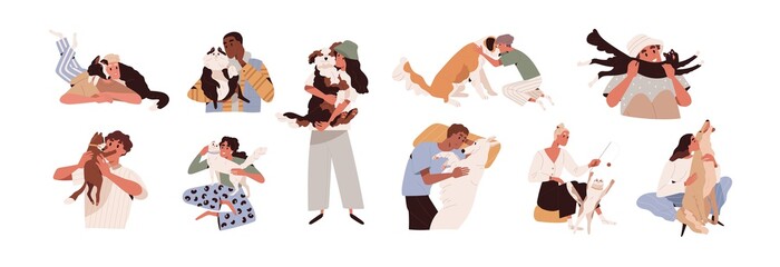 Set of happy pet owners with dogs and cats isolated on white background. Collection of people playing, hugging, cuddling with four-legged animal friends. Colored flat vector illustration