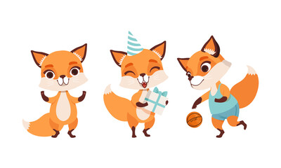 Fototapeta premium Adorable Little Fox in Various Actions Set, Lovely Baby Animal Cartoon Character Doing Sports and Celebrating Holidays Vector Illustration