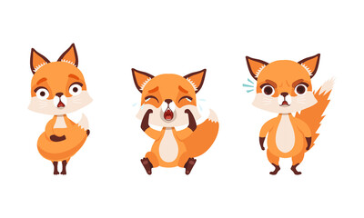 Adorable Little Fox in Various Emotions Set, Lovely Baby Animal Cartoon Character Vector Illustration