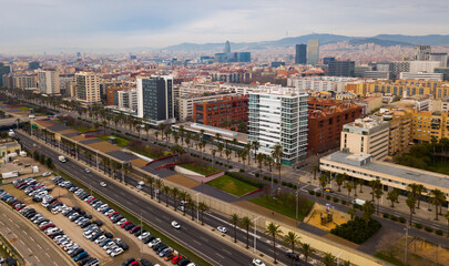 Fototapeta na wymiar Aerial view of Barcelona cityscape on Mediterranean coastline