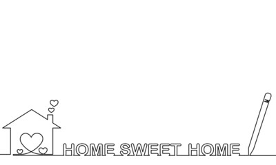 One line drawing style with a pen on the right and a girl in bikinis on the left. Concept about home, building, family, residential, real estate and etc. 