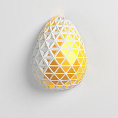 Easter concept. One single white golden egg with geometric original changing patterns on the surface on a white background. Square composition. 3d illustration
