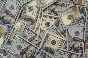 Close up view of money stack of 100 US dollars banknotes