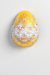 Easter concept. One single white golden egg with geometric original changing patterns on the surface on a white background. 3d illustration