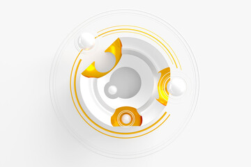 Abstract three-dimensional background of many circles with a stylized display of the planet and satellites on white background. 3D illustration