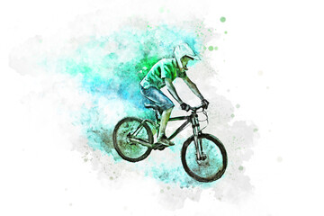 Naklejka na ściany i meble Flying cyclist in a helmet on a downhill bike. Watercolor and pencil color illustration on a white background.