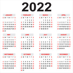 Calendar 2022. Week starts on Sunday. Basic grid