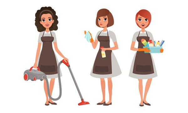 Girls in Apron Doing Housework, Young Women Washing and Vacuuming, Cleaning Company Service Cartoon Style Vector Illustration