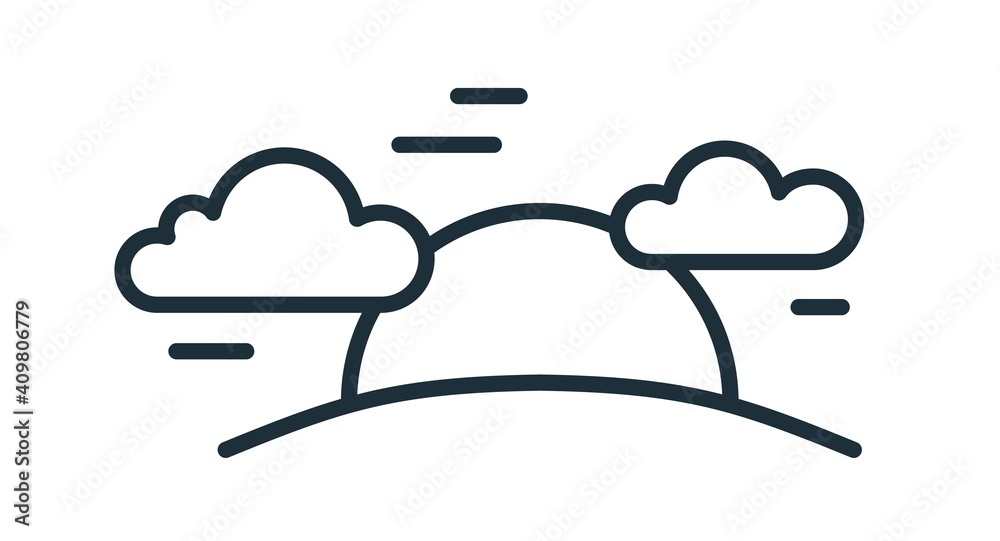 Poster Simple sunset icon in line art style with sun setting behind horizon with clouds. Solar circle going down. Linear flat vector illustration isolated on white background