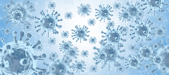 Virus or bacteria under a microscope. Abstract 3d microbe background on blue background. Allergy pathogen or bacteria