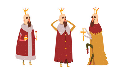 Funny King Character Set, Old Comic Bald Bearded King Wearing Gold Crown and Mantel in Various Actions Cartoon Style Vector Illustration