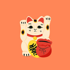 Maneki neko flat cartoon illustration. Japanese folklore symbol banner design. Asian culture, lucky cat, smiling kitty with gold coin printing card.