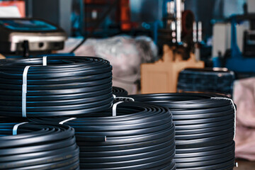 Set of black electric cable reels close up