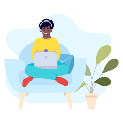 A young African-American man is sitting in a chair at home with a laptop, studying from home, working from home, online activities. Flat style illustration