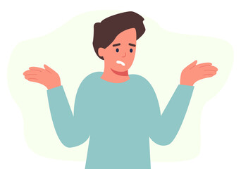 Man throws up his hands. I do not know emoticon. I have not emotions. Flat vector