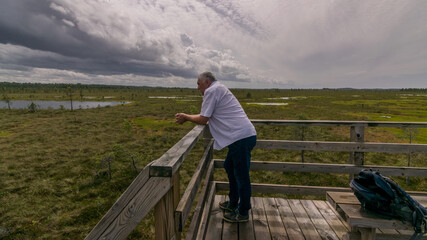 Fototapeta na wymiar the summer swamp. a man in a white shirt looks out of a wooden tower. bog background and vegetation. white clouds. small swamp pines