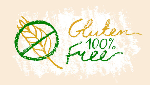 Gluten free sign vector. Hand-drawn label gluten-free 100% guarantee. Healthy eating symbol with crayon texture effect. Allergen free icon. Emblem for green products label. Bread package design