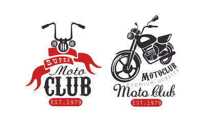 Super Moto Club Retro Logo Templates Set, Racer Club Premium Quality Badges with Classic Motorcycle Vector Illustration
