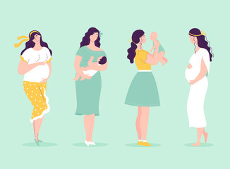 Set of young beautiful pregnant women in full growth. Women with babies. Happy motherhood concept, pregnancy planning. Vector illustration in flat style on white background.