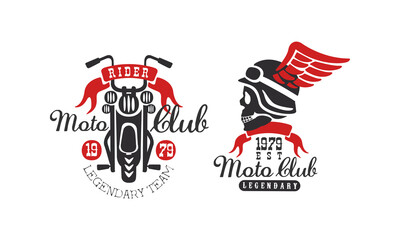 Moto Club Retro Logo Templates Set, Legendary Racer Club Vintage Badges Vector Illustration