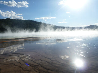 Steam rising from the Grand Prismatic Spring at Yellowstone National Park
