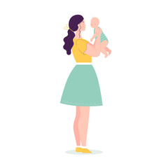 Beautiful young woman in full growth holding a baby. The concept of happy motherhood, family, love. Vector illustration in flat style on white background.