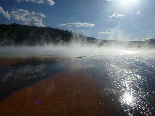 Steam rising from the Grand Prismatic Spring at Yellowstone National Park
