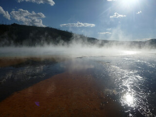 Steam rising from the Grand Prismatic Spring at Yellowstone National Park