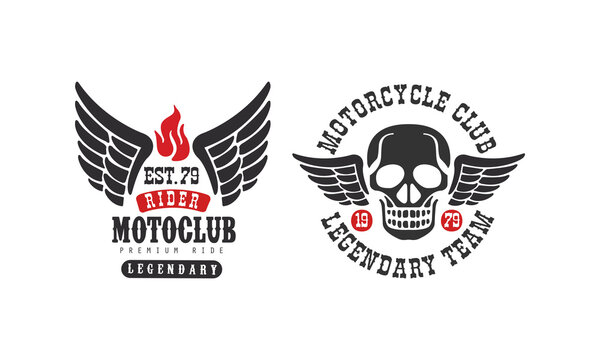 Motoclub Premium Ride Retro Logo Templates Set, Motorcycle Club Legendary Team Vintage Badges with Wings Vector Illustration