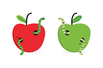 Couple of fresh apples with worms inside. Vector cartoon style icons, illustration.