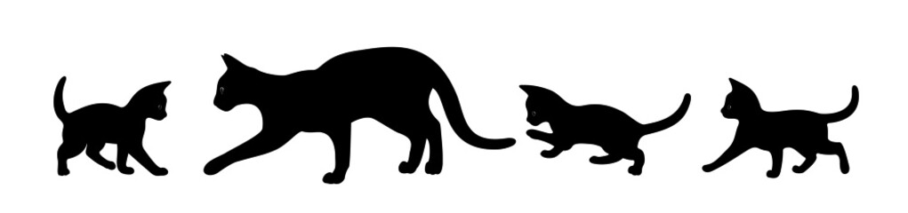 Cat with kittens walking. Vector isolated black silhouettes on a white background. The Symbols Of Halloween. Can be used as a sticker template, logo elements and icons for web design. Flat style.