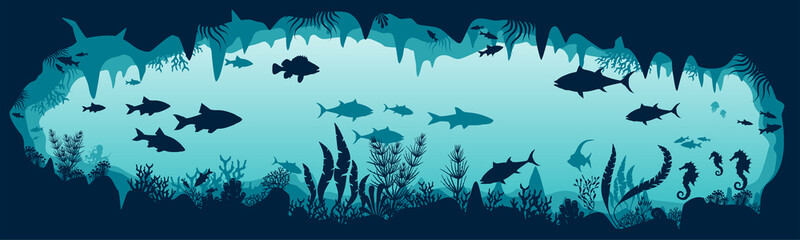 Silhouette of fish and algae in an underwater cave. Sea bottom. Vector illustration.