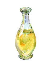 Bottle with olive oil extra virgin vegetable. Glass transparent colourless jug without cork. Jar vintage style. Cosmetic vial liquid essential oil, collagen serum. Watercolor hand draw isolated