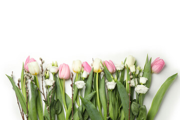 Tulips, roses and willow catkins isolated on white background