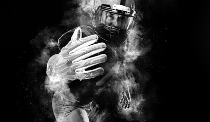 American football player, athlete sportsman in red helmet on stadium background. Sport and...