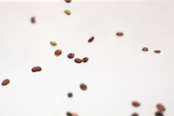 Falling coffee beans. White background.