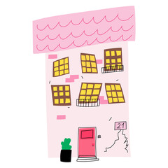 Cute vector pink cartoon house drawn by hand